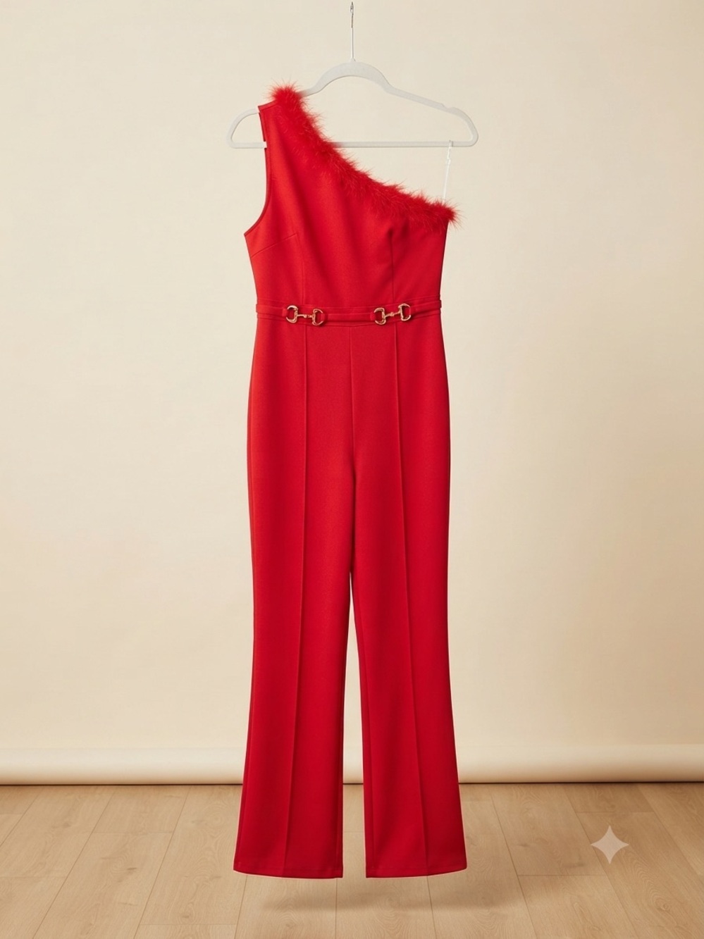 Source Unknown Red One-Shoulder Jumpsuit with Faux Fur Trim